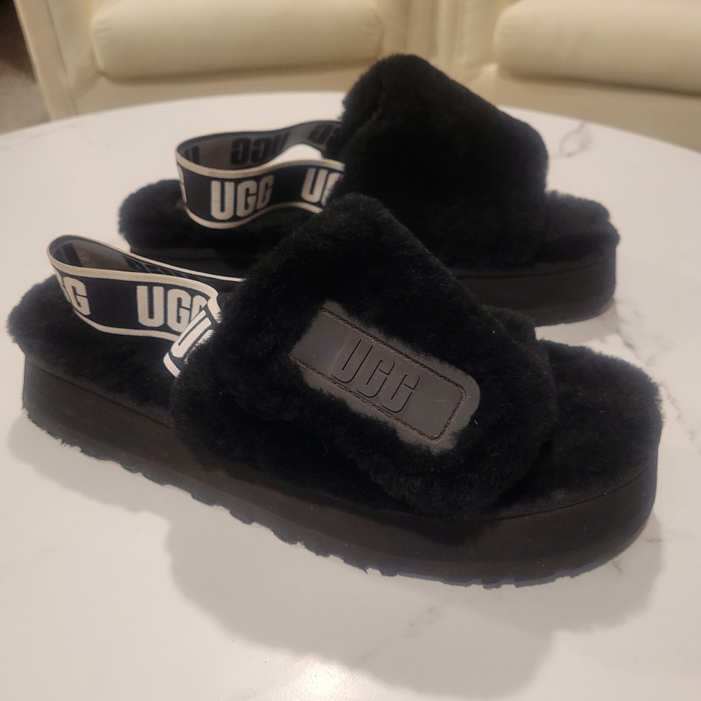 UGG Disco Shearling Black Sandal Slide Black Fur Slippers